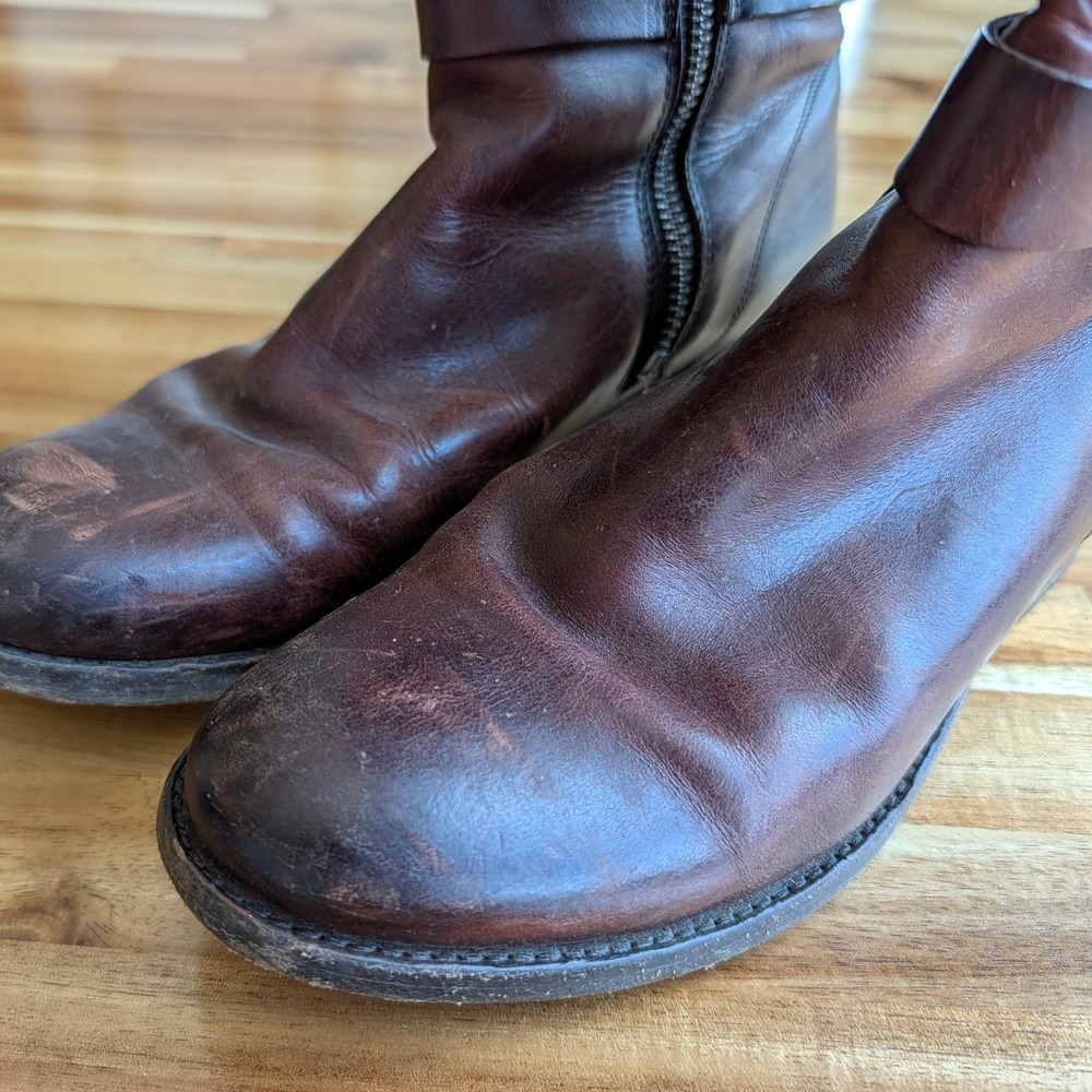 Frye Tall Leather Boots Brown‎ Moto Equestrian Buckle Zip Size 5.5 - Picture 3 of 11